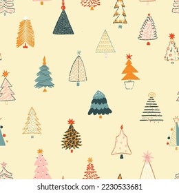 Christmas seamless pattern with cute Christmas trees in scandinavian style. New Years and xmas traditional symbol tree. Hand drawn vector illustration for wrapping paper, textile print, factory.