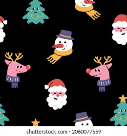 Christmas seamless pattern from cute trendy characters: Santa Claus, tree, deer, snowman on black background. Hand drawn Cartoon style for New Year and Christmas.