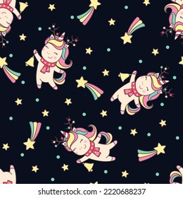 Christmas seamless pattern with cute unicorn, stars and gifts on black background. Magic design element for fabric, textile, wallpaper, wrapping paper and etc. Vector illustration.