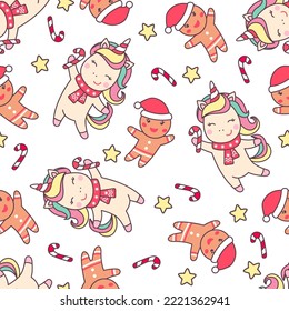Christmas seamless pattern with cute unicorn, gingerbread man, candy cane and stars isolated on white background.