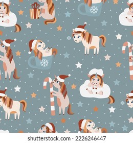 Patrón de Navidad sin fisuras con adorables unicornios sobre fondo gris. Estrellas y copos de nieve. Diseño invernal. Colores boho silenciados. Animales de leche.