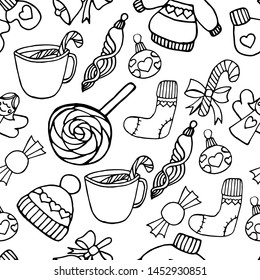 Christmas seamless pattern. Cute vector background for New Year, Christmas, winter holiday, cooking,cute background. Black line on white background. - Vector graphics pattern,