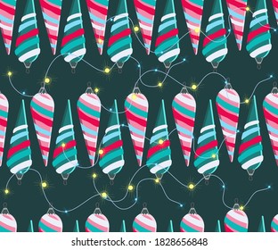 Christmas seamless pattern. Cute vector festive background woth vintage Christmas decorations, stilyzed Christmas tree, illuminations for your holiday winter decoration.