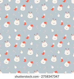 Christmas seamless pattern with cute Westie dog wearing Santa hat, reindeer antlers, Christmas socks, and candy cane on background, Scandinavian vector illustration
