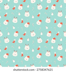 Christmas seamless pattern with cute Westie dog wearing Santa hat, reindeer antlers, Christmas socks, and candy cane on mint background, Scandinavian vector illustration
