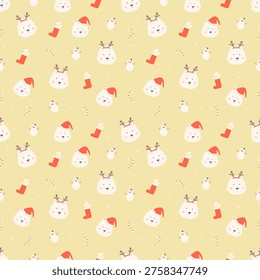 Christmas seamless pattern with cute Westie dog wearing Santa hat, reindeer antlers, Christmas socks, and candy cane on yellow background, Scandinavian vector illustration
