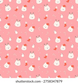 Christmas seamless pattern with cute Westie dog wearing Santa hat, reindeer antlers, Christmas socks, and candy cane on pink background, Scandinavian vector illustration
