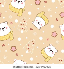 Christmas Seamless pattern with cute white bears. Christmas ornament. Holiday background, wrapping paper in cartoon style