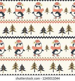 Christmas seamless pattern. Cute winter animal illustration. Hand drawn cartoon penguin. Arctic character. Background design.