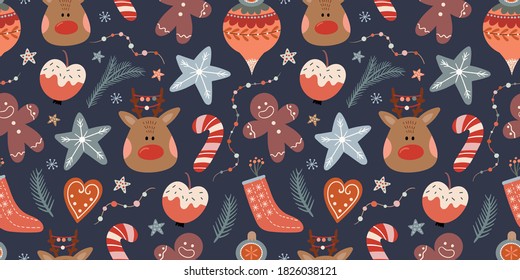 Christmas seamless pattern with cute winter elements, reindeer, candy, gingerbread and pine branch