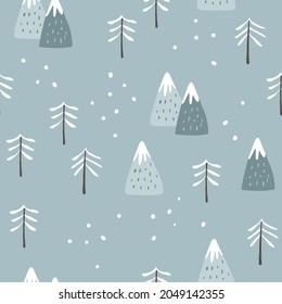 Christmas seamless pattern.  Cute winter landscape with textured mountains, fir and spruce trees and falling snow. Nordic retro design. Blue vector illustration background for scrapbooking, gift paper