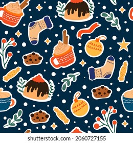 Navidad sin fisuras con adorables elementos de invierno, dulces, pan de jengibre y ramas. Vector