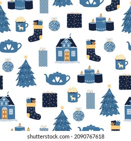 Christmas seamless pattern. Cute winter elements in blue colors on white background. Vector illustration