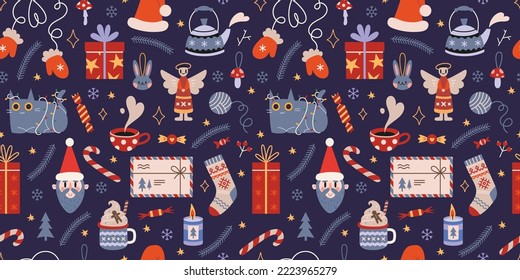 Christmas seamless pattern with cute winter cozy elements on a dark background, cartoon style. Trendy modern vector illustration, hand drawn, flat design.