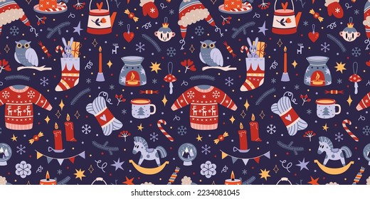 Christmas seamless pattern with cute winter cozy elements on a dark blue background, cartoon style. Trendy modern vector illustration, hand drawn, flat