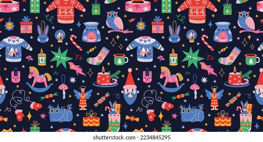 Christmas seamless pattern with cute winter cozy elements in bright color on a black background, cartoon style. Trendy modern vector illustration, hand drawn, flat 