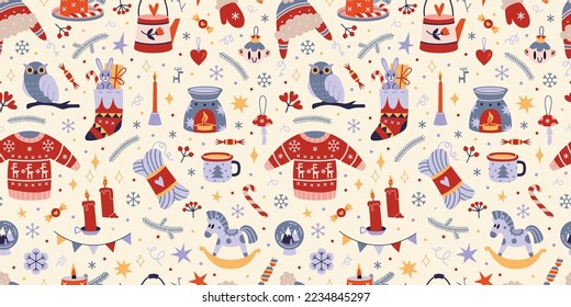 Christmas seamless pattern with cute winter cozy elements on a light background, cartoon style. Trendy modern vector illustration, hand drawn, flat 