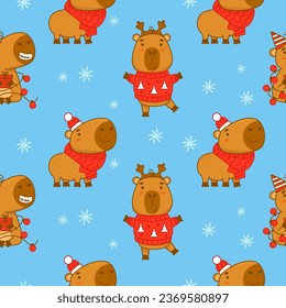 Christmas Seamless pattern with Cute winter capybara on blue background with snowflakes. Vector illustration for new year festive design, wallpaper, packaging, textile. kids collection