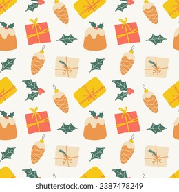Weihnachten nahtloses Muster mit süßen, gemütlichen Elementen in heller Farbe, Cartoon und flachem Stil. Trendmoderne Vektorgrafik, handgezeichnet