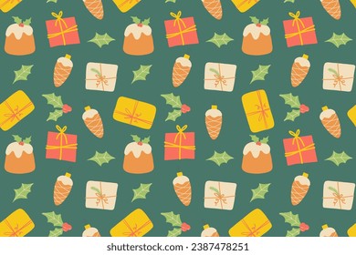 Christmas seamless pattern with cute winter cozy elements in bright color, cartoon and flat style. Trendy modern vector illustration, hand drawn