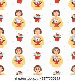 Christmas seamless pattern. Cute woman with funny dog New Year gifts and balls on white background. Vector illustration for festive design, wallpaper, packaging, textile