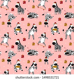 Christmas seamless pattern with cute zebras and present boxes on pink background. Flat vector illustration.