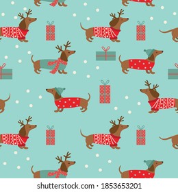 Christmas seamless pattern with dachshund with snowflakes, boxes of presents on blue pattern. Vector illustration. 