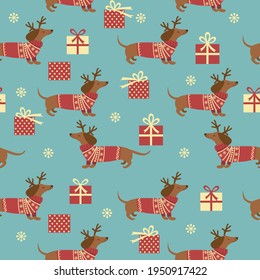 Christmas seamless pattern with dachshunds and gifts. Vector illustration. 