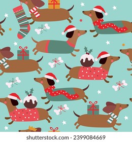 Christmas seamless pattern with dachshunds in red hat, bones and stars. Vector illustration. 