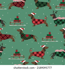 Christmas seamless pattern with dachshunds and sleighes on blue background. 