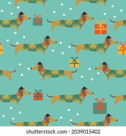 Christmas seamless pattern with dachshunds, snowflakes, boxes on blue background. Vector illustration. 