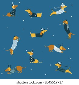 Christmas seamless pattern with dachshunds wearing hats and clothes on blue background. Pattern with long dogs dachshunds. Vector baby background in Scandinavian style. 