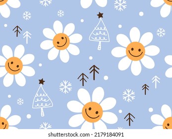 Christmas seamless pattern with daisy cartoons, snow flakes and pine tree on blue background vector illustration. Cute childish print.
