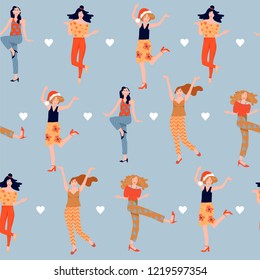 Christmas seamless pattern with dancing cute girls and hearts. Vector flat illustration for textile, wrapping paper, postcard, invitation, poster, background, book, t-shirt.