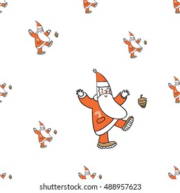 Christmas seamless pattern with dancing Santa Claus kicking cone. Beautiful vector background for decoration xmas designs. Cute minimalistic art elements on white backdrop.