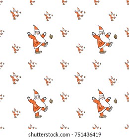 Christmas seamless pattern with dancing Santa Claus kicking cone. Beautiful vector background for decoration xmas designs. Cute minimalistic art elements on white backdrop.
