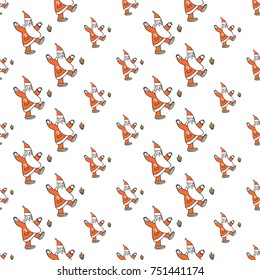 Christmas seamless pattern with dancing Santa Claus kicking cone. Beautiful vector background for decoration xmas designs. Cute minimalistic art elements on white backdrop.