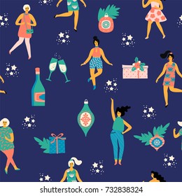 Christmas seamless pattern with dancing women and New Year's symbols. Trendy vintage style. Retro party. Vector.
