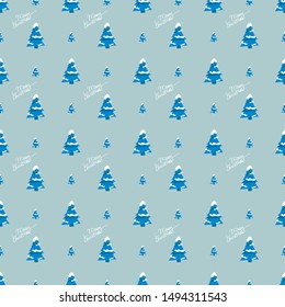 Christmas seamless pattern with dark blue background, Christmas trees and greeting lettering.