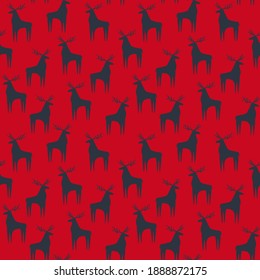 Christmas seamless pattern with dark blue deer on red background. Christmas and New Year pattern, perfect for wrapping paper, textiles, cards, invitations, posters