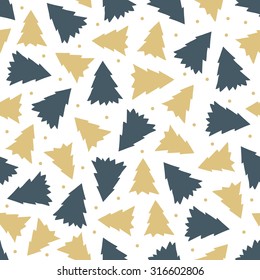 Christmas seamless pattern with dark green and gold fir trees. Perfect for wallpaper, gift paper, pattern fills, textile, Christmas and New Year greetings cards