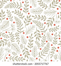 Christmas seamless pattern decorated with floral elements and berries. Good for textile prints, posters, wrapping paper, scrapbooking, wallpaper, backgrounds, etc. EPS 10