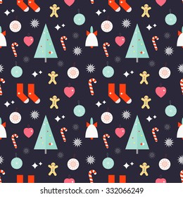 Christmas seamless pattern decoration with bell, christmas tree,socks, cookie man, candy stick, heart, star, toys on purple background. Christmas decoration holiday pattern.