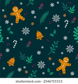 Weihnachten nahtloses Muster. Weihnachtsdekoration auf grünem Hintergrund. Design für den Winterurlaub Gruß Saison Packpapier etc. Vektorgrafik