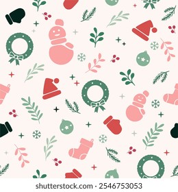 Christmas seamless pattern. Christmas decoration on white background. Vector illustration. Design for fabric, postcards, gift wrapping