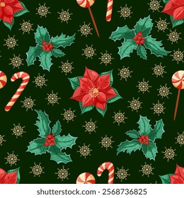 Christmas seamless pattern. Christmas decoration: Poinsettia, holly, snowflakes, lollipop and candy cane on the deep green background.