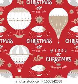 Christmas seamless pattern with Christmas decoration, stars, balloons on red background. Christmas quote Christmas in the air isolated for winter holiday  banner, web, poster, greeting card design