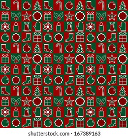 Christmas seamless pattern with decorations. Seamless background in traditional Christmas colors. Gift wrap pattern.