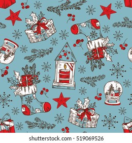 Christmas seamless pattern with Christmas decorations: Christmas boots, bell, star, candle and present. Hand drawn 
