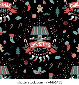 Christmas seamless pattern with Christmas decorations, a carousel with horses. Hand-drawn lettering Christmas market on the red ribbon with a garland of flags and socks. For poster, postcard, banner